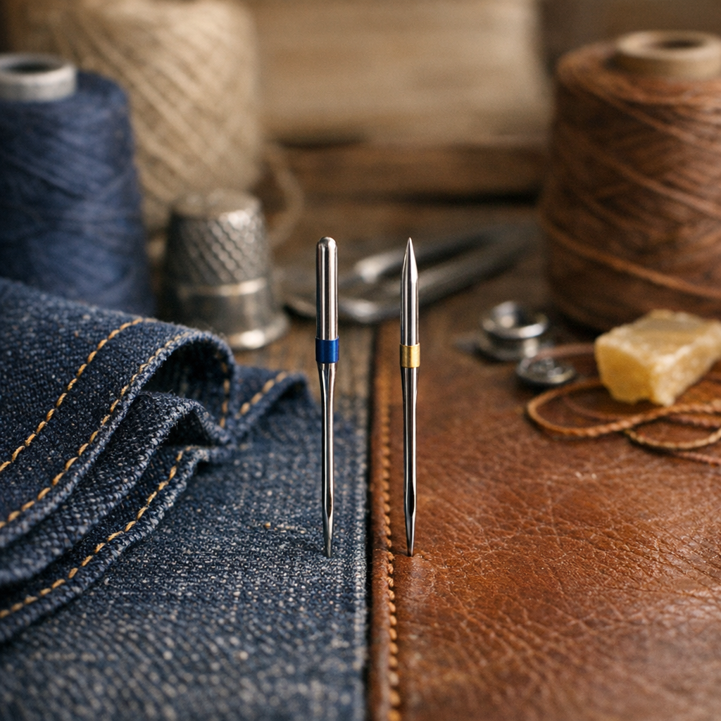 Choisir son aiguille selon la matière : textile épais d’un côté, cuir de l’autre