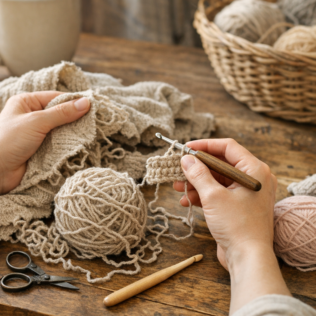 Si je récupère de la laine en démontant un vieux vêtement, faut-il le même crochet qu'avec une pelote neuve ?