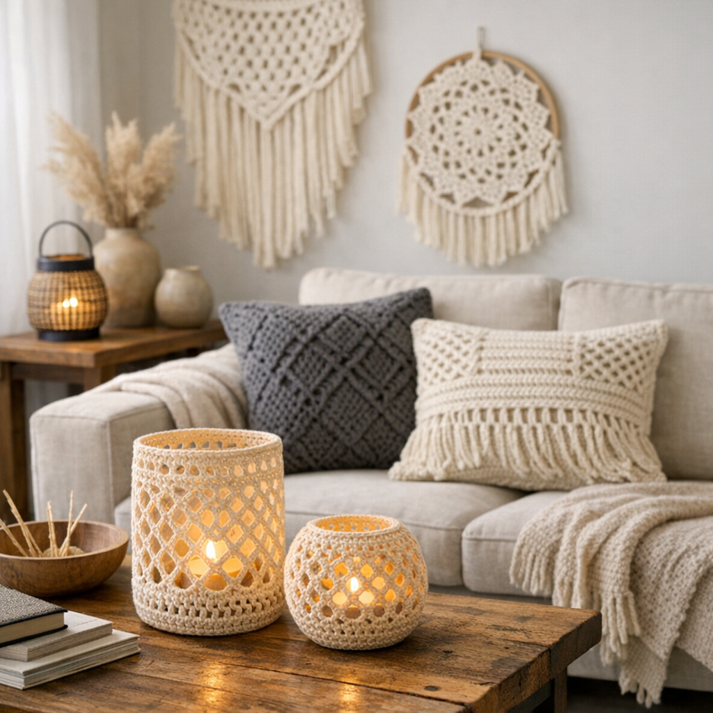 Déco maison moderne&nbsp;: photophores, tentures et coussins sans effet napperon
