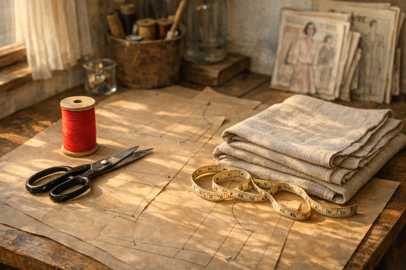 Atelier créatif avec tissus, patrons et matériel DIY