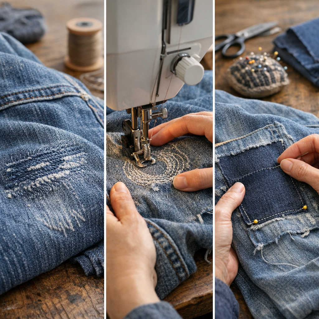 Réparation de jeans : choisir entre reprise machine, pied à piqué libre ou pièce donneuse