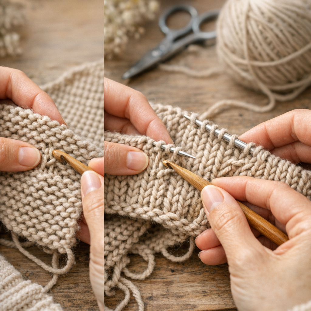 Adapter le geste selon le point: point mousse, bordure et maille torse